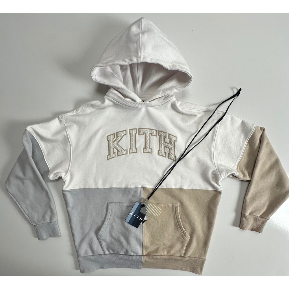 Kith Tri Block Track Collage Hoodie White Beige Colorblock Logo Hoodie M READ